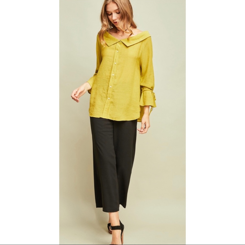 Crinkle Off The Shoulder Button Down Shirt